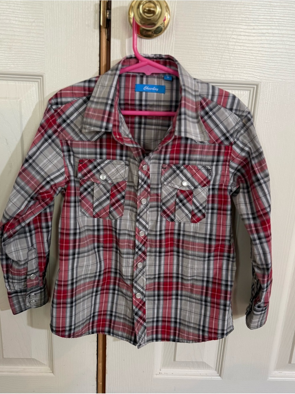 Boys Plaid Western Snap Shirt Red Gray Size 5